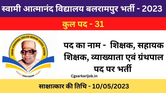SAGES Balrampur Recruitment 2023 | स्वामी आत्मानंद विद्यालय बलरामपुर भर्ती