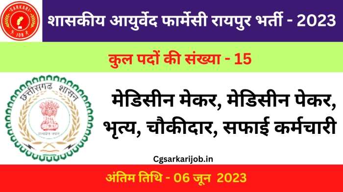 Govt Ayurveda Pharmacy Raipur Recruitment 2023 | शासकीय आयुर्वेद फार्मेसी रायपुर में विभिन्न पदों पर भर्ती